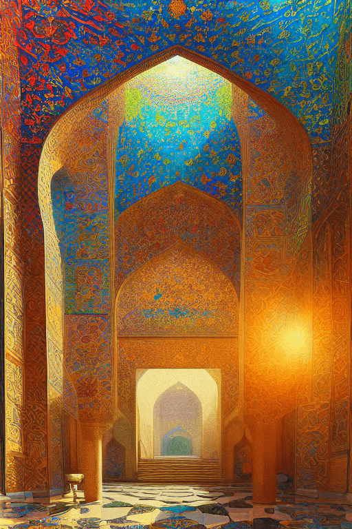 AI generated: Persian architecture, temple volume atrium light, vibrant flowers, colorful architecture in Isfahan,...
