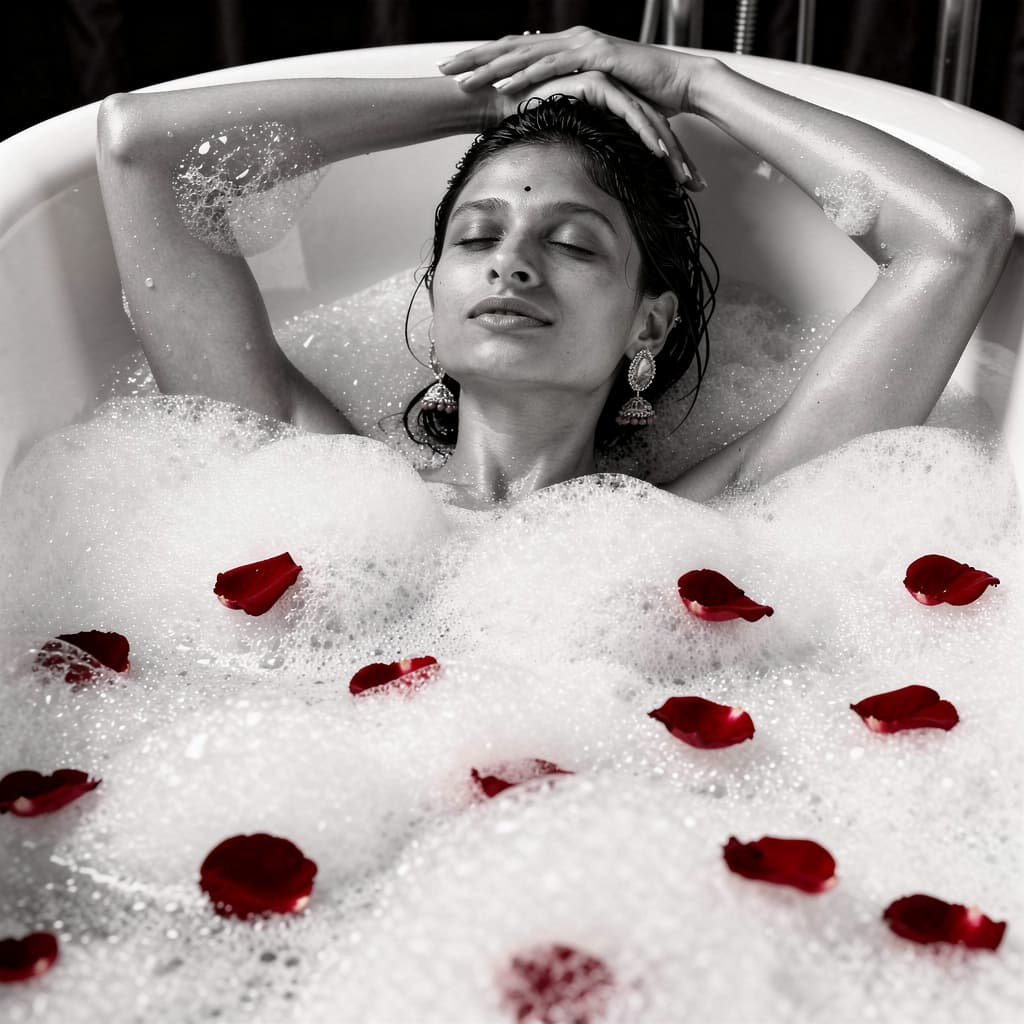 AI generated: A sensual, black and white photograph of a woman reclining in a luxurious bathtub filled with rich, ...