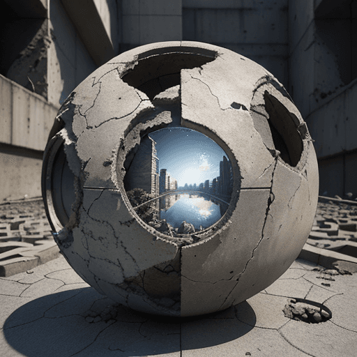 AI generated: A sphere with a cement texture. It's cracked, and worn. A part of it is broken, and a grid of rusty ...