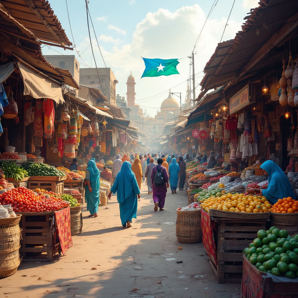 AI generated: "Create an image of a bustling Somali market with vibrant stalls, rich colors, 4K resolution, detail...
