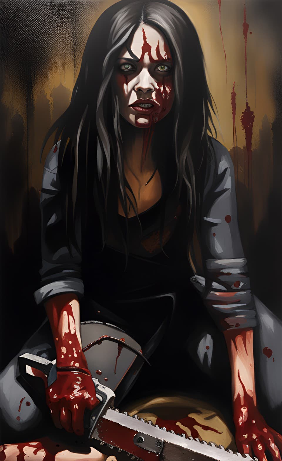 AI generated: A portrait of an insane twisted female with a disheveled appearance, long messy hair, wild eyes, and...