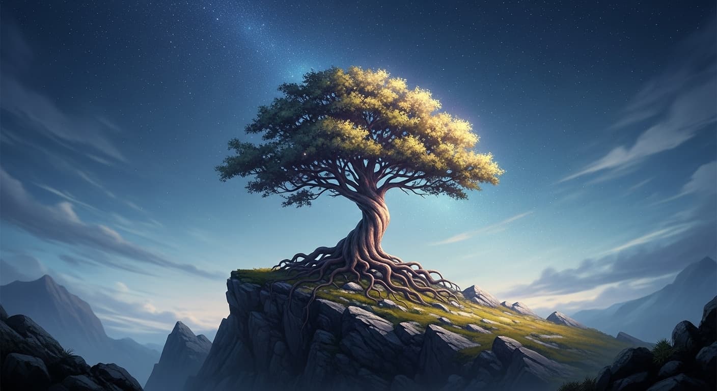 AI generated: Un arbre solitaire et ancien se dresse au sommet d'un affleurement rocheux balayé par le vent, ses b...