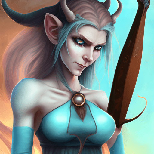 AI generated: Create an image of a tall female satyr warlock with hazel hair, short curled horns, heterochromia in...