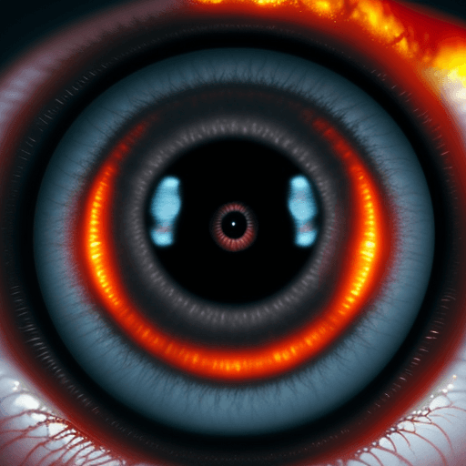 AI generated: "An eyeball shows the reflection of an exploding nuclear bomb, sharp fire (perfect eyeball), macro s...