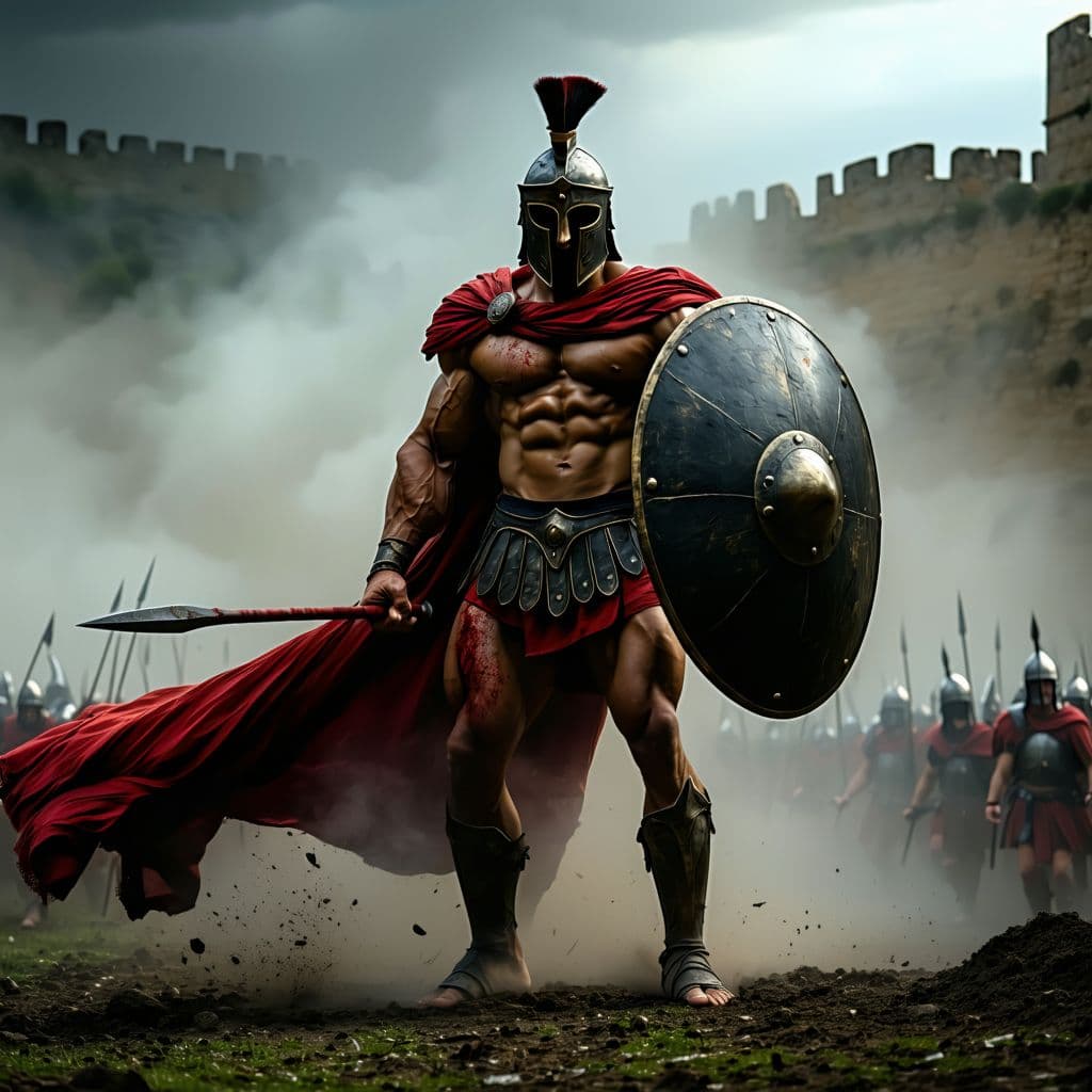 AI generated: high resolution photo of a muscular spartan warrior. like the movie 300, red cape blowing in the win...