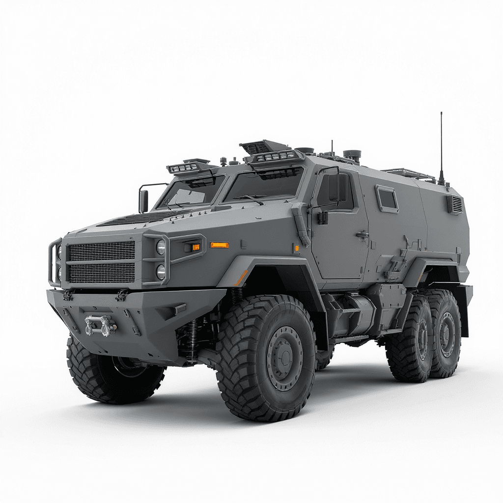 AI generated: A hyper-realistic, matte gray armored personnel carrier with a boxy, angular design. The vehicle has...