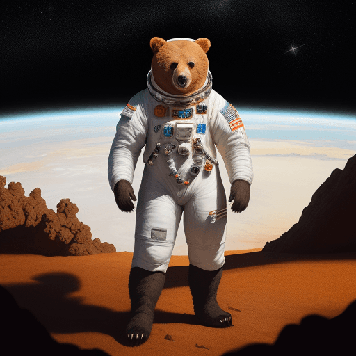AI generated: a bear is in space suit, standing in the dirt, in the style of fantasy art, dark white and dark oran...
