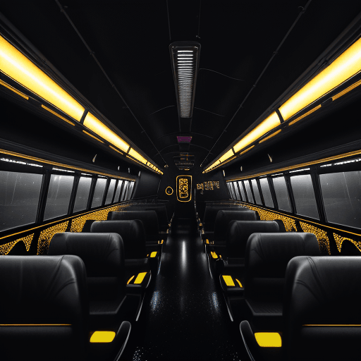 AI generated: passenger walking into the glossy black school bus at a distance, glowing lights, foggy, moonlight<l...