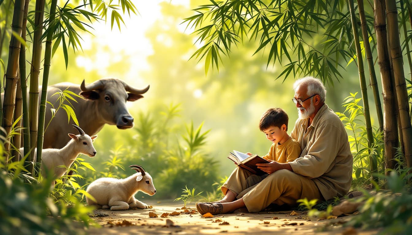 AI generated: Create a serene rural scene depicting an elderly man and a young boy sitting together in nature, abs...