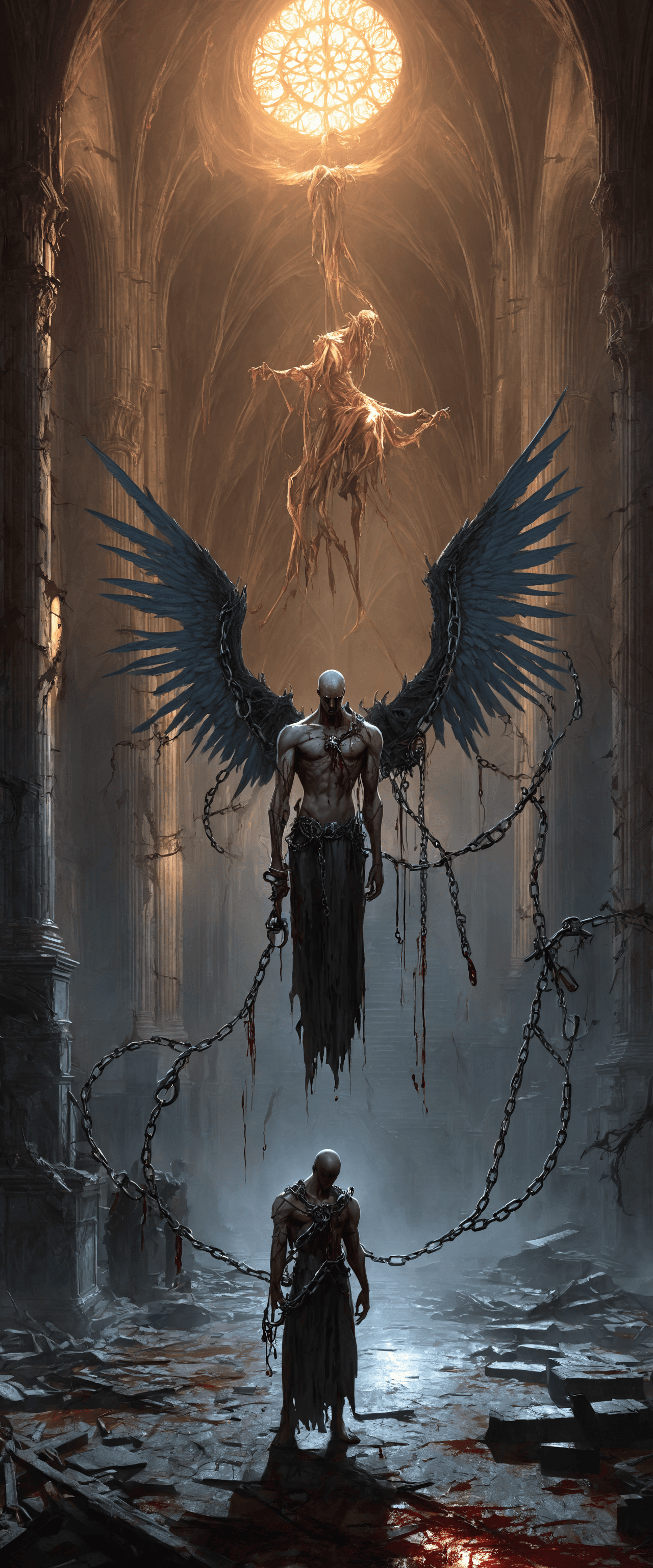AI generated: Horror-themed video game concept art of an angel infected with an eldritch parasite. the angel is in...