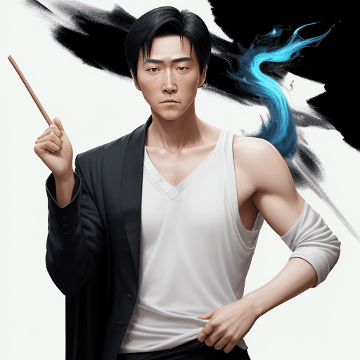 AI generated: A tall young man resembling movie legends Jet Li and Jackie Chan mythology, leans in a sophisticated...