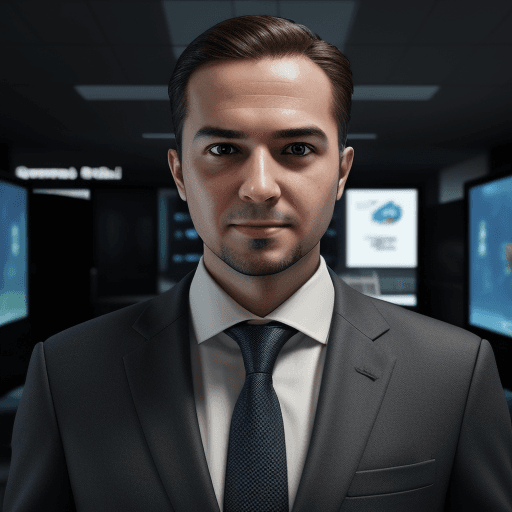AI generated: Create a gaming image of a professional and modern IT environment with a man resembling an AI-genera...