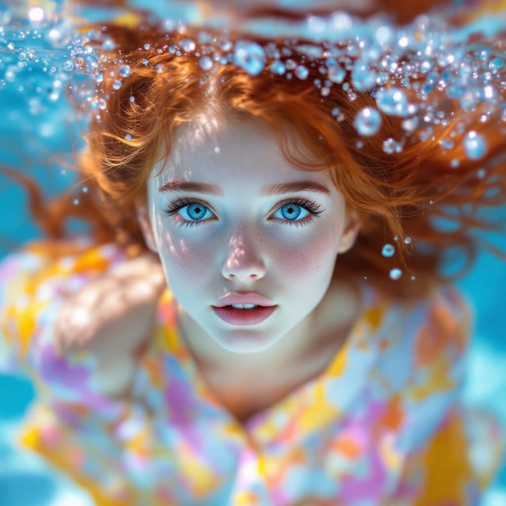 AI generated: A beautiful girl with big blue eyes and long eyelashes, redhead, is swimming underwater. The water a...