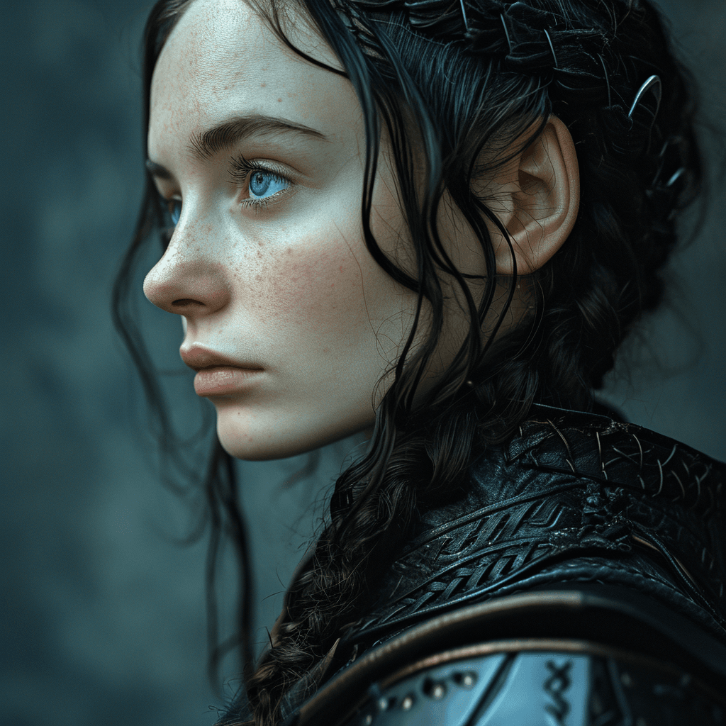 AI generated: portrait photography, A female elf of Lorien wearing elven leather armor. blue, black and silver hue...