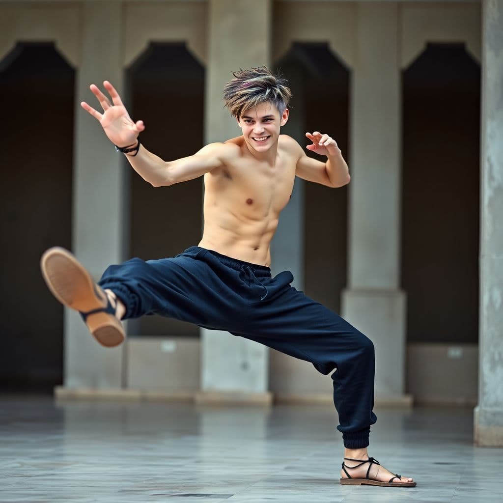 AI generated: A very skinny, college age punk guy, no muscles but wiry, thin, in black sweatpants, shirtless, shag...