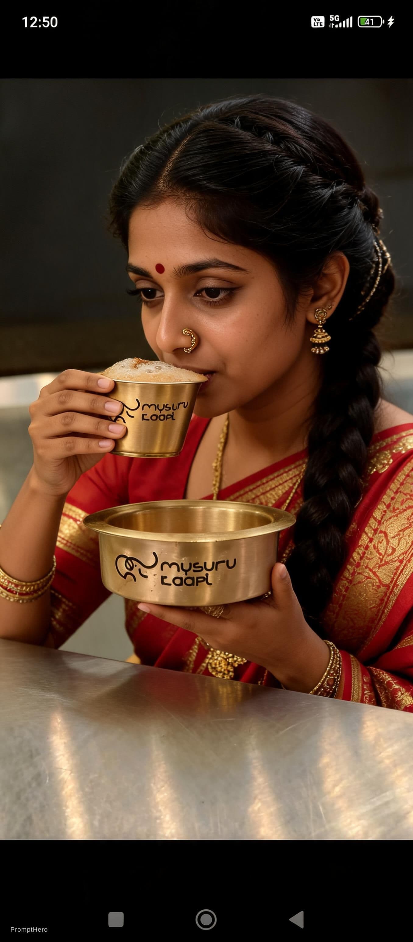 AI generated: a south indian woman drinking coffee