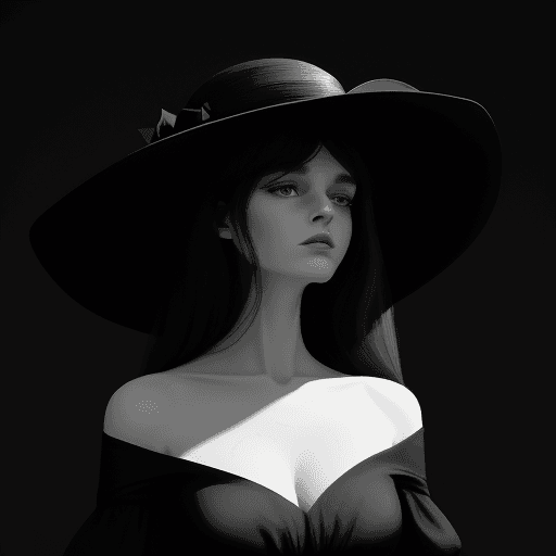 AI generated: a woman in a black dress is wearing a big hat to the right, in the style of clever use of negative s...