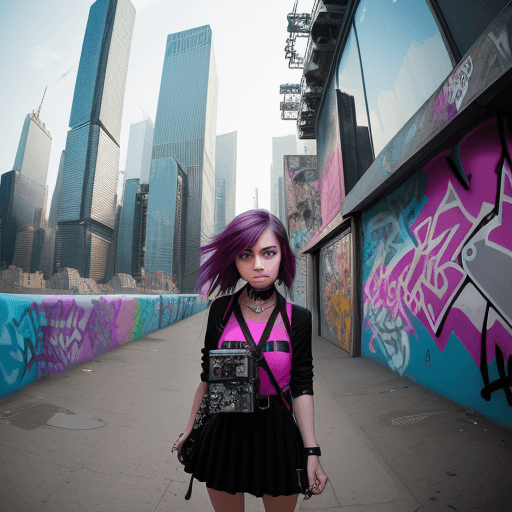AI generated: A teenage girl in stylish, edgy clothing navigates a vibrant cityscape. She has a camera slung aroun...