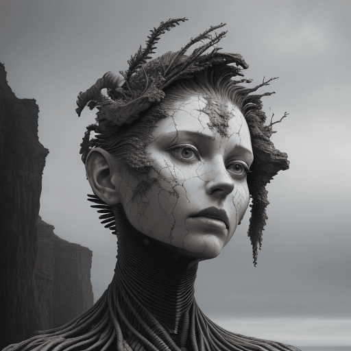 AI generated: art statue in cliffs, in the style of realistic hyper-detailed portraits, cryengine, detailed facial...