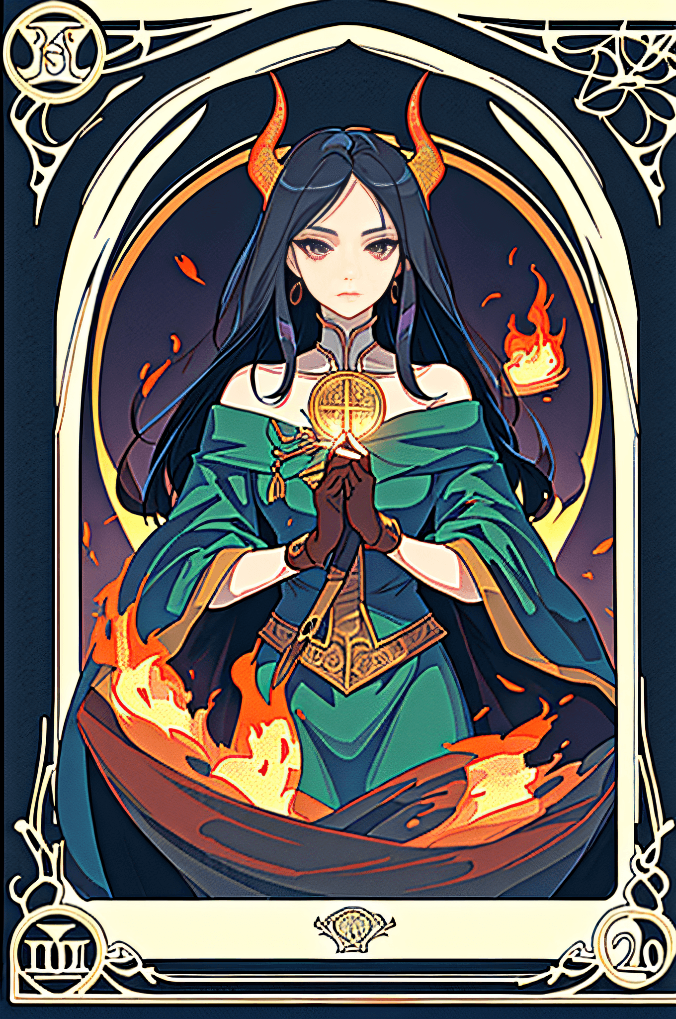 AI generated: (best quality, masterpiece), 1girl, long hair, flame, leaf, tarot card, demon, early style painting