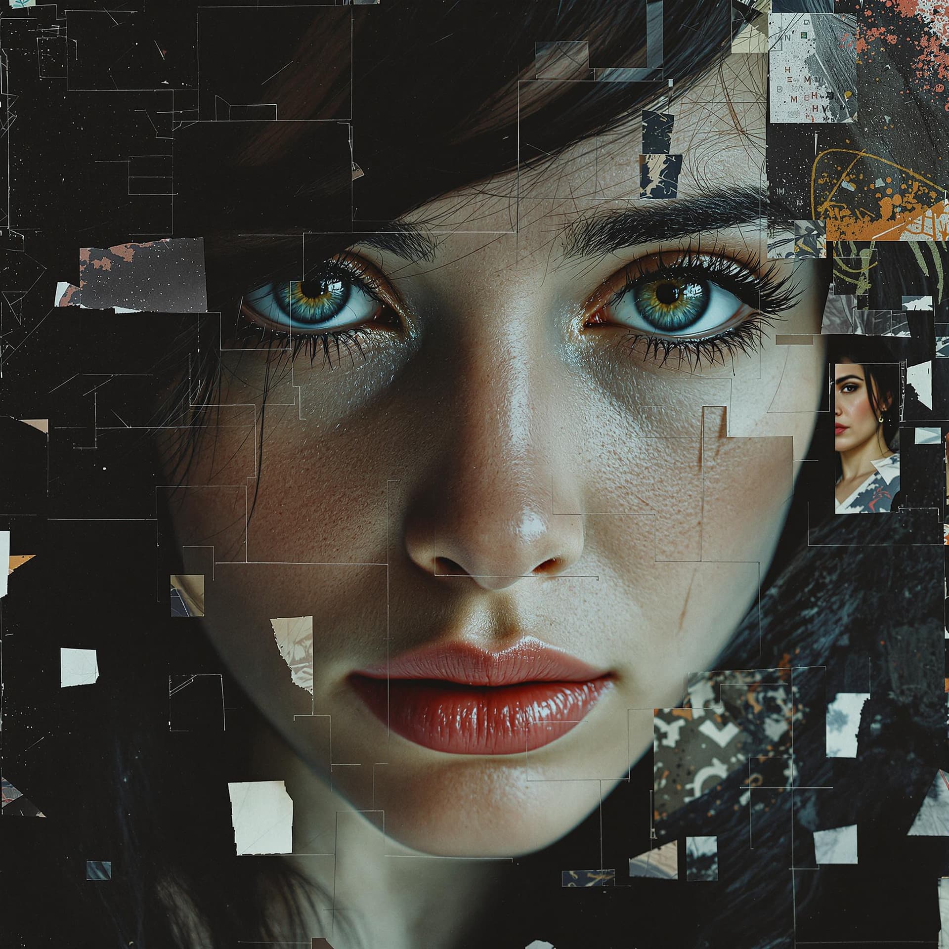 AI generated: A close-up portrait of a sorrowful woman with dark hair, gazing directly into the camera with deep e...