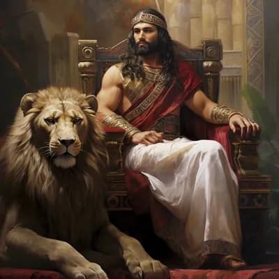 AI generated video: A king sits on his throne, he looks at the camera, a lion lays beside the kings throne, a light wind...