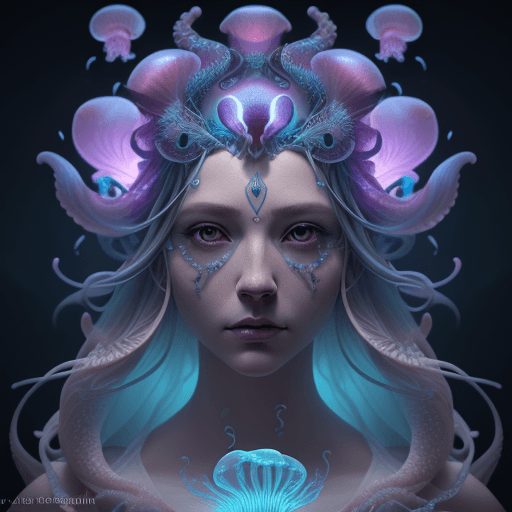 AI generated: Goddess close-up portrait ribcagel. jellyfish phoenix head, nautilus, orchid, skull, betta fish, bio...