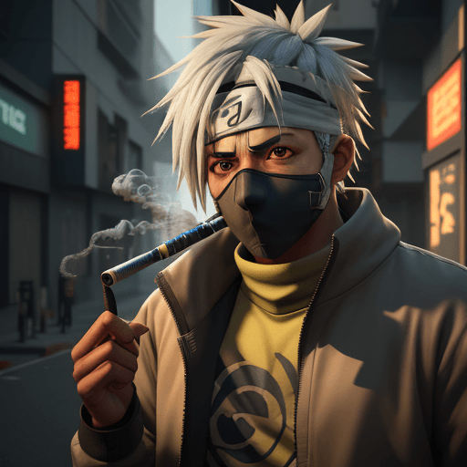 AI generated: Kakashi Sensei, brown version, tan, cyberpunk, outdoor, street, bright yellow, smoking a joint, hype...