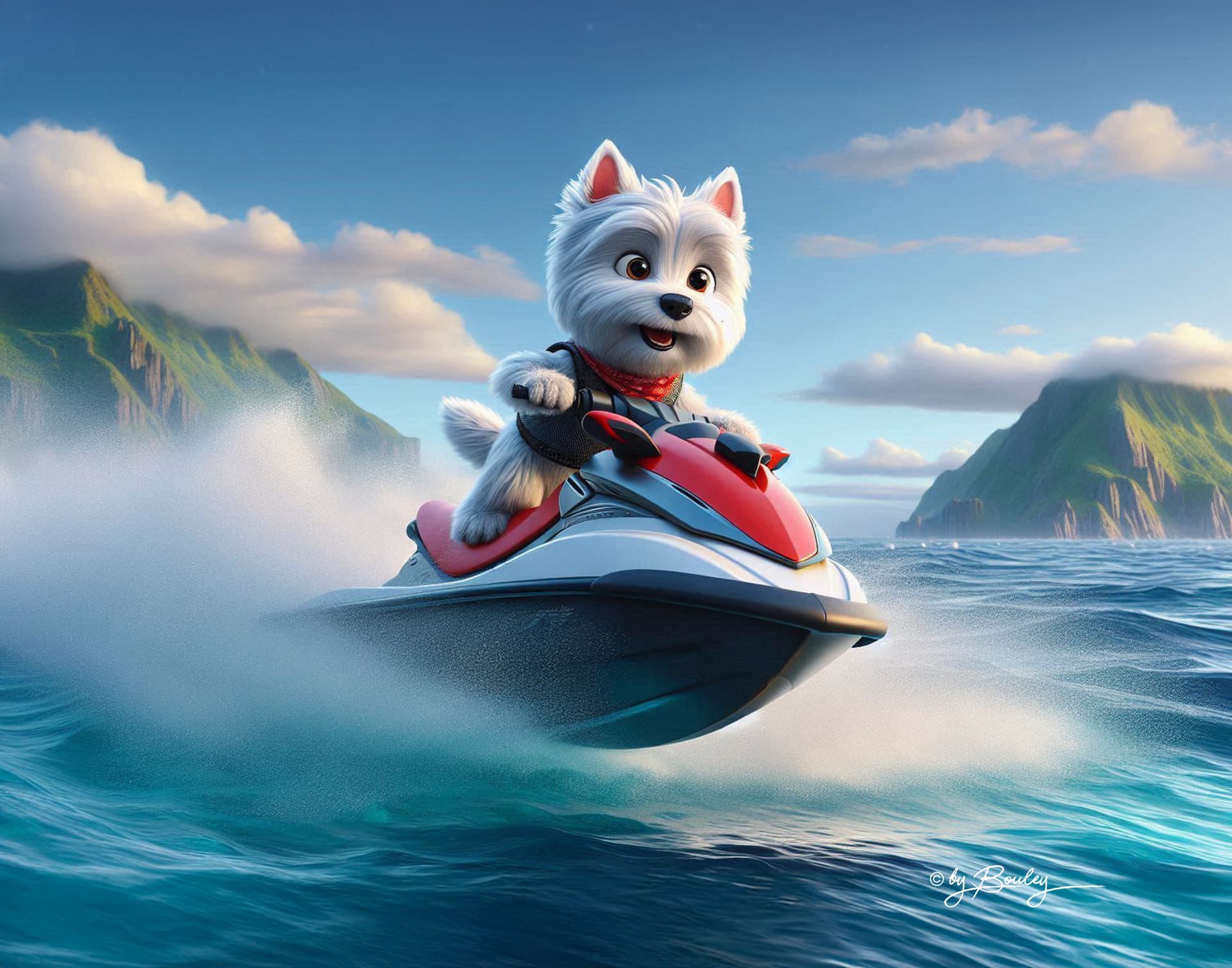 AI generated: A 3D Disney Pixar style image of a full view of an anthropomorphic West Highland Terrier dog riding ...