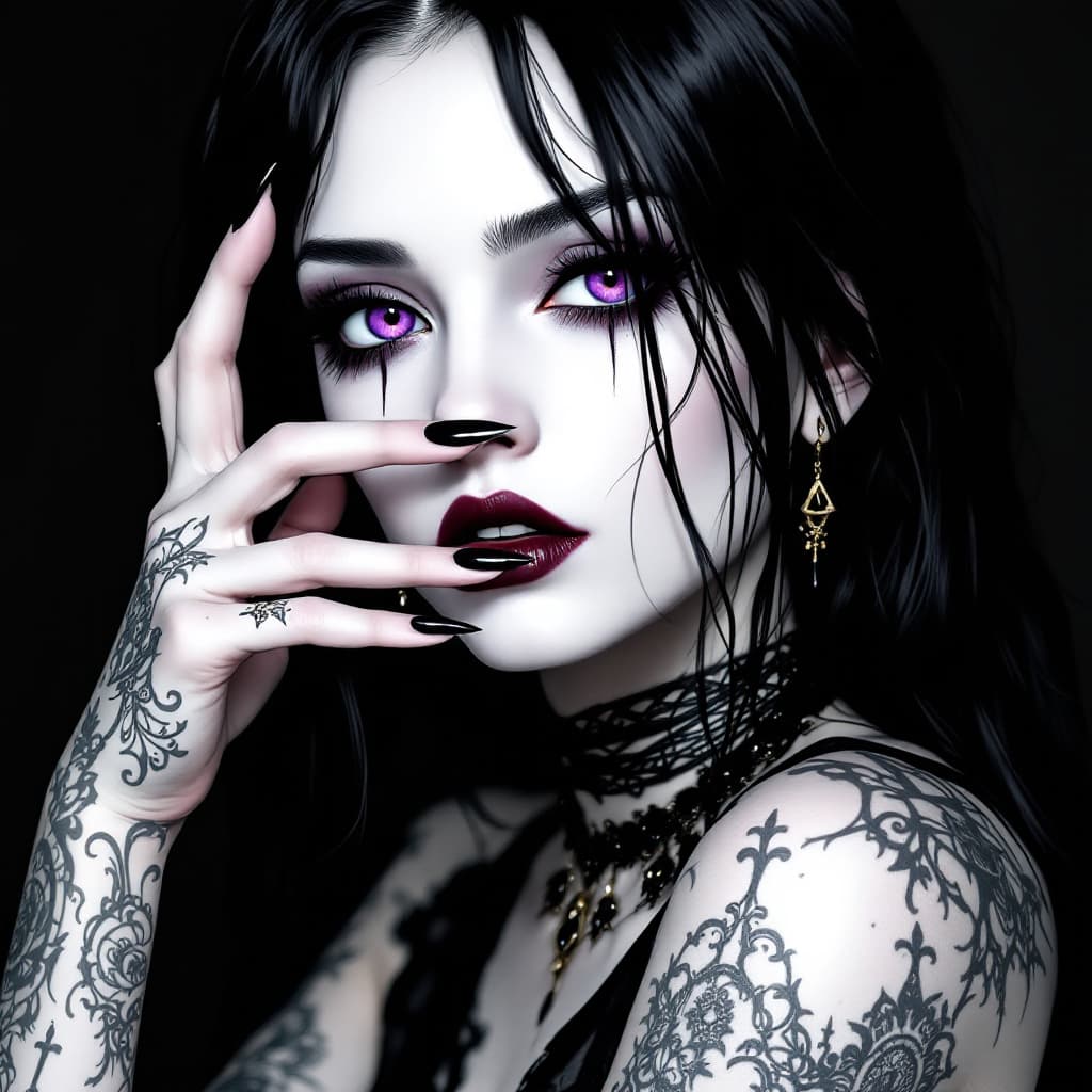 AI generated: gothic anime style, a Girl is cold and arrogant, pale skin, tattoos, white makeup, long sharp black ...
