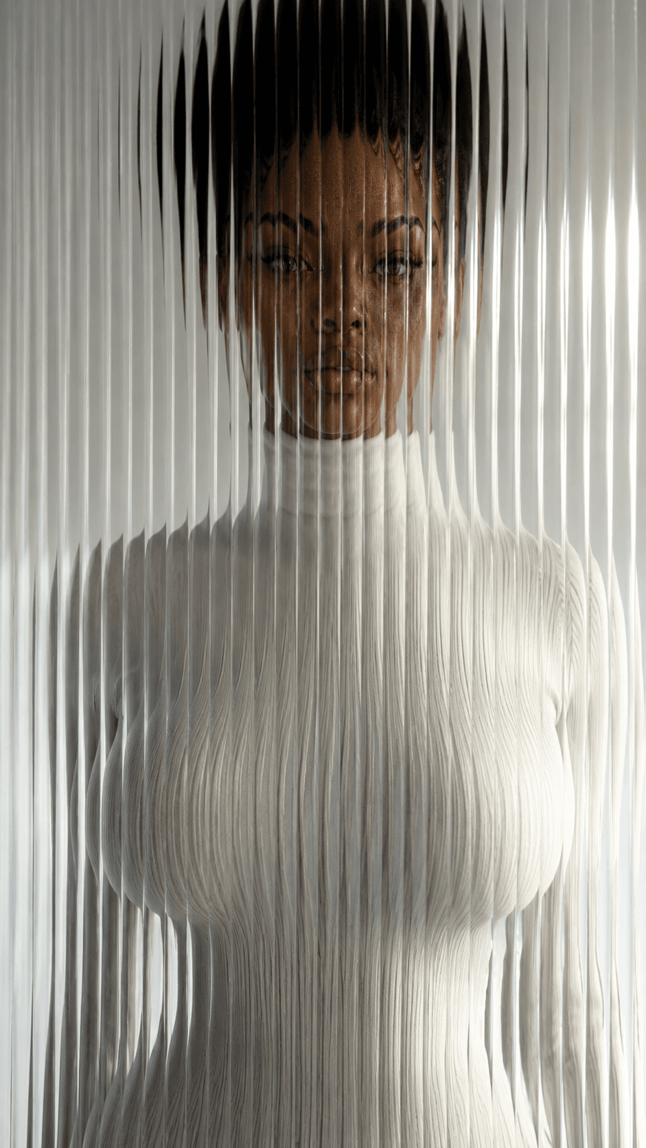 AI generated: high resolution photography, front central profile, woman facing front, gaze to front, wearing a whi...