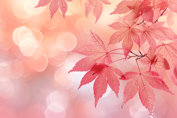 AI generated:  A detailed shot of ruby-red maple leaves, contrasted against a backdrop of pastel pink and soft pea...
