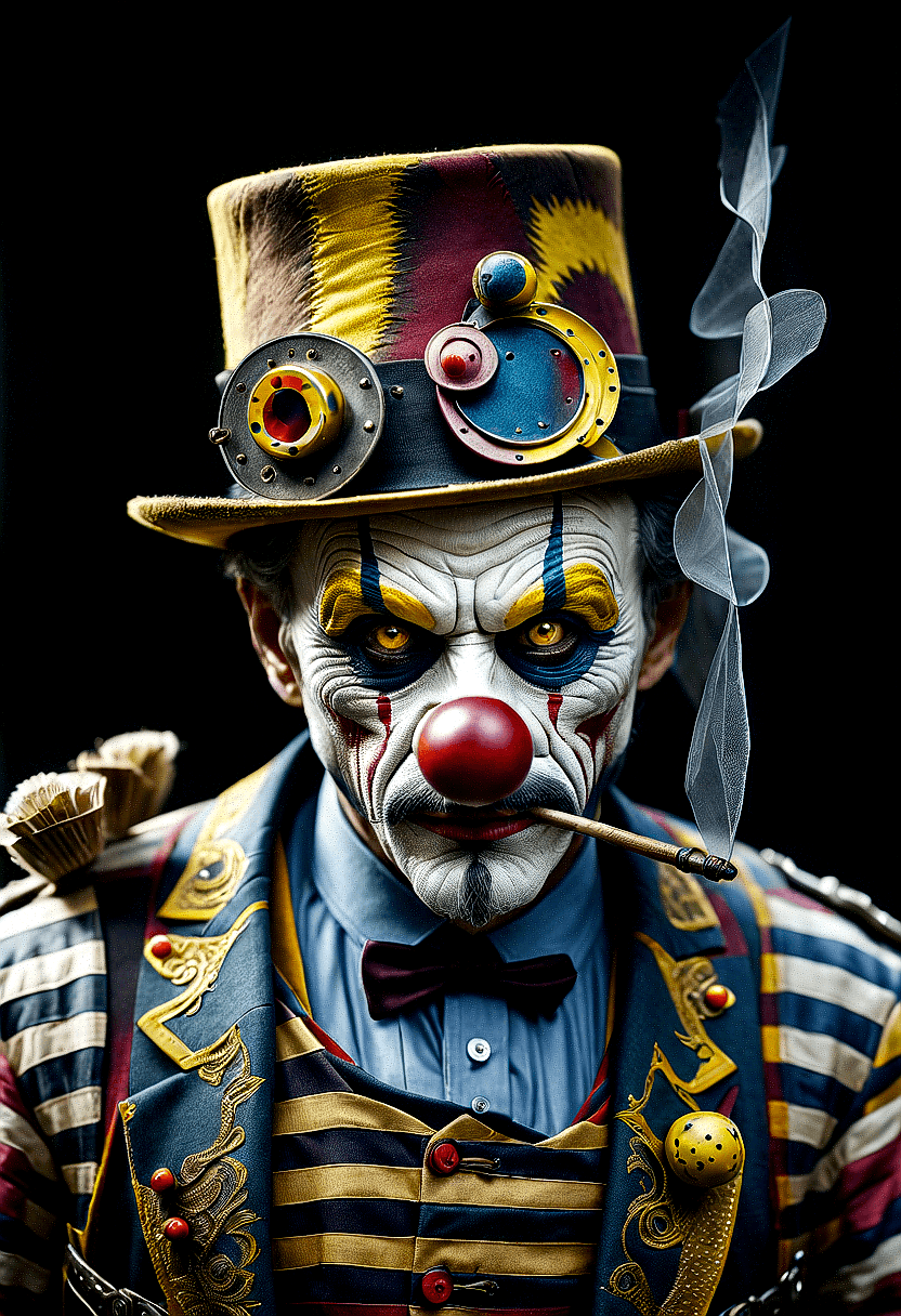 AI generated: The image features a old rococo evil clown wearing a colorful hat and a suit with a yellow jacket. T...
