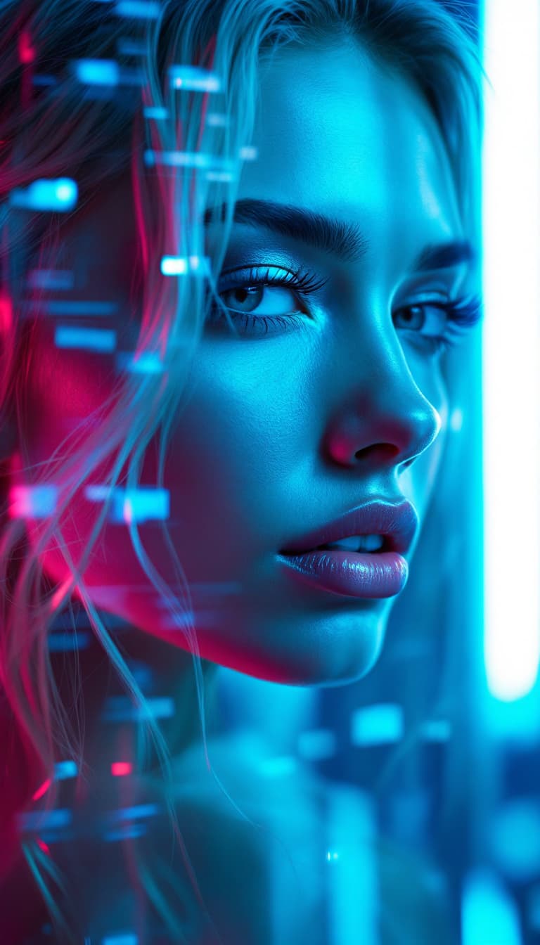 AI generated: digital art, fashion editorial, a close portrait of beautiful blond woman is studio double exposure ...