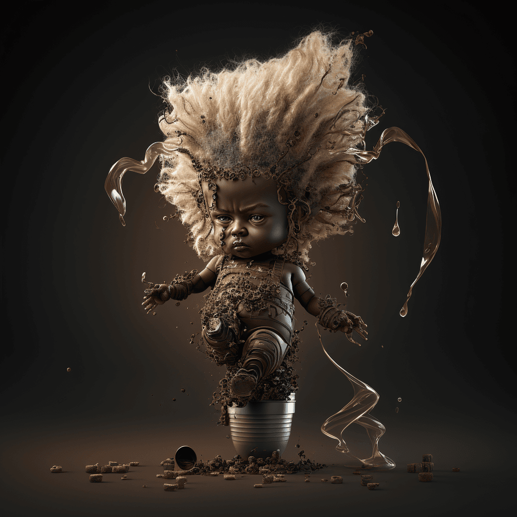 AI generated: full body baby made of coffee, gears, buttons, futuristic, fantastic, brown pieces, splash, brown to...