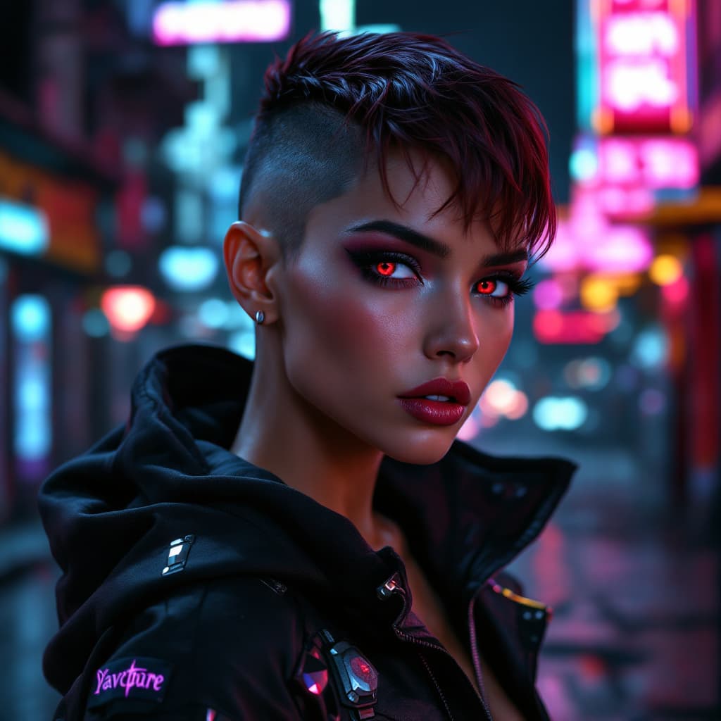 AI generated: A book cover of a beautiful cyberpunk Cuban female vampire hacker with golden tanned skin. 22 years ...