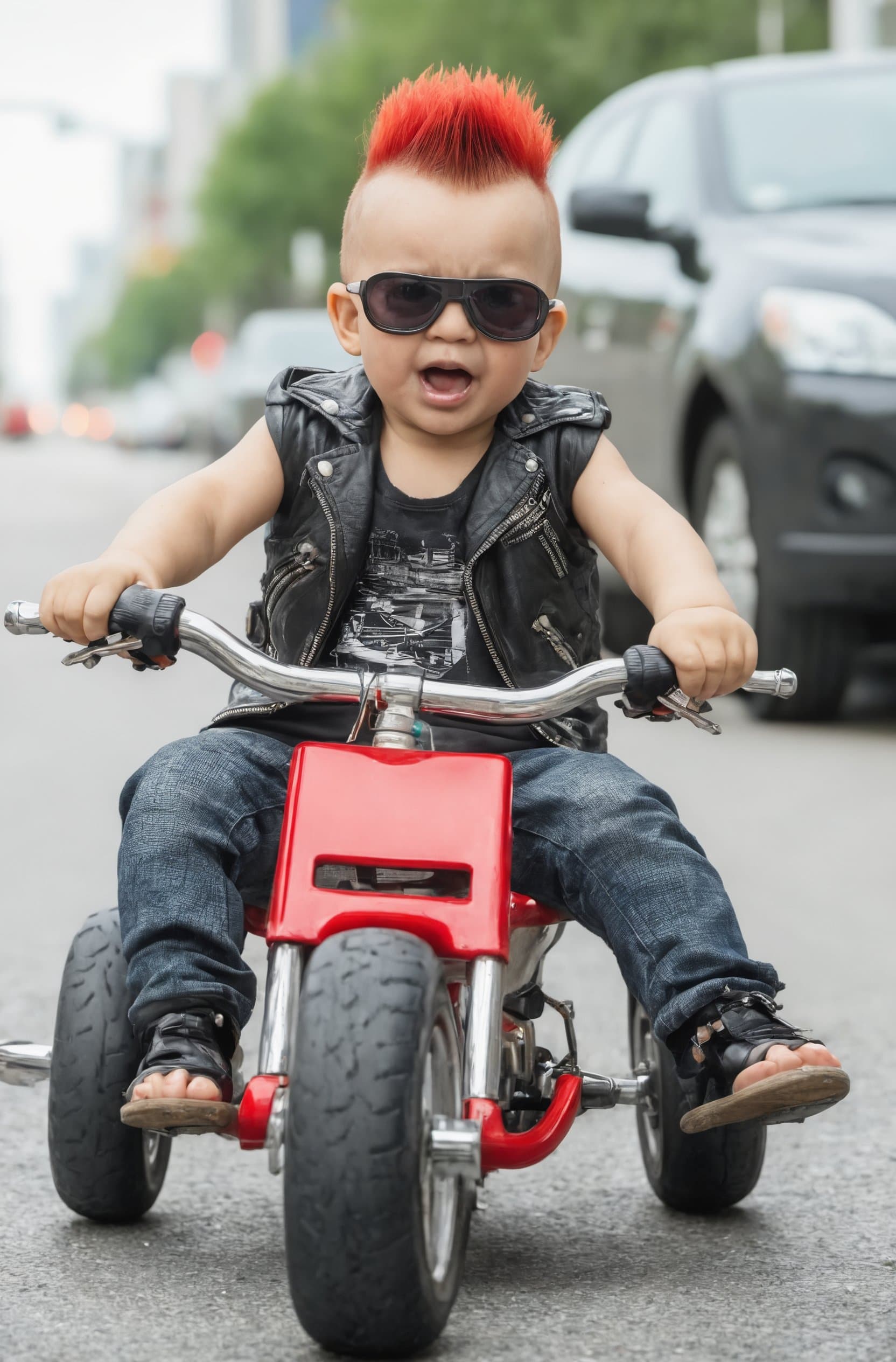 AI generated: a cute tough toddler riding a red cyberpunk tricycle::1.2, toddler has an aggressive attitude with a...