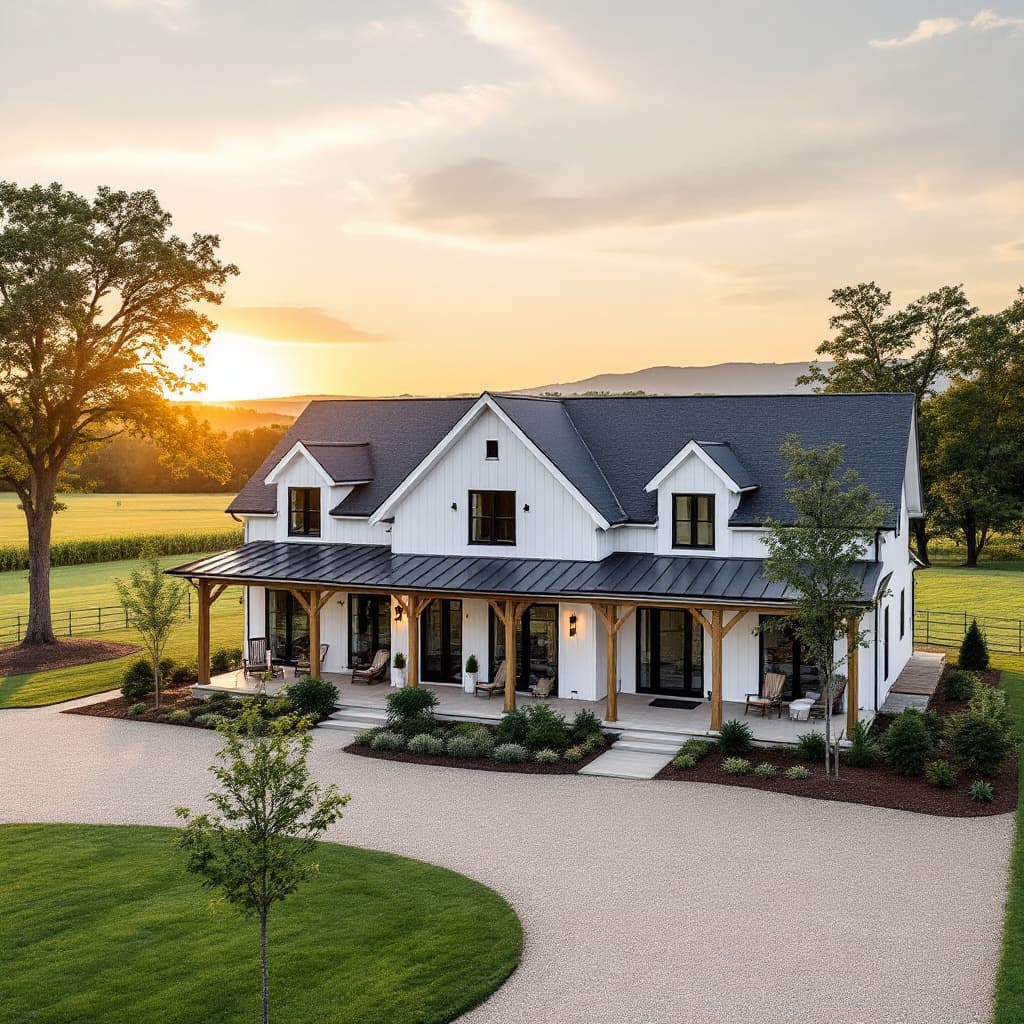AI generated: Exterior Design
Location: Nestled on a sprawling plot surrounded by lush green fields, a few tall oa...