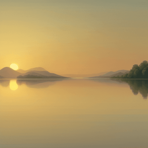 AI generated: Wallpaper, a tranquil sunrise over a serene lake, by a top animation studio, in the style of minimal...