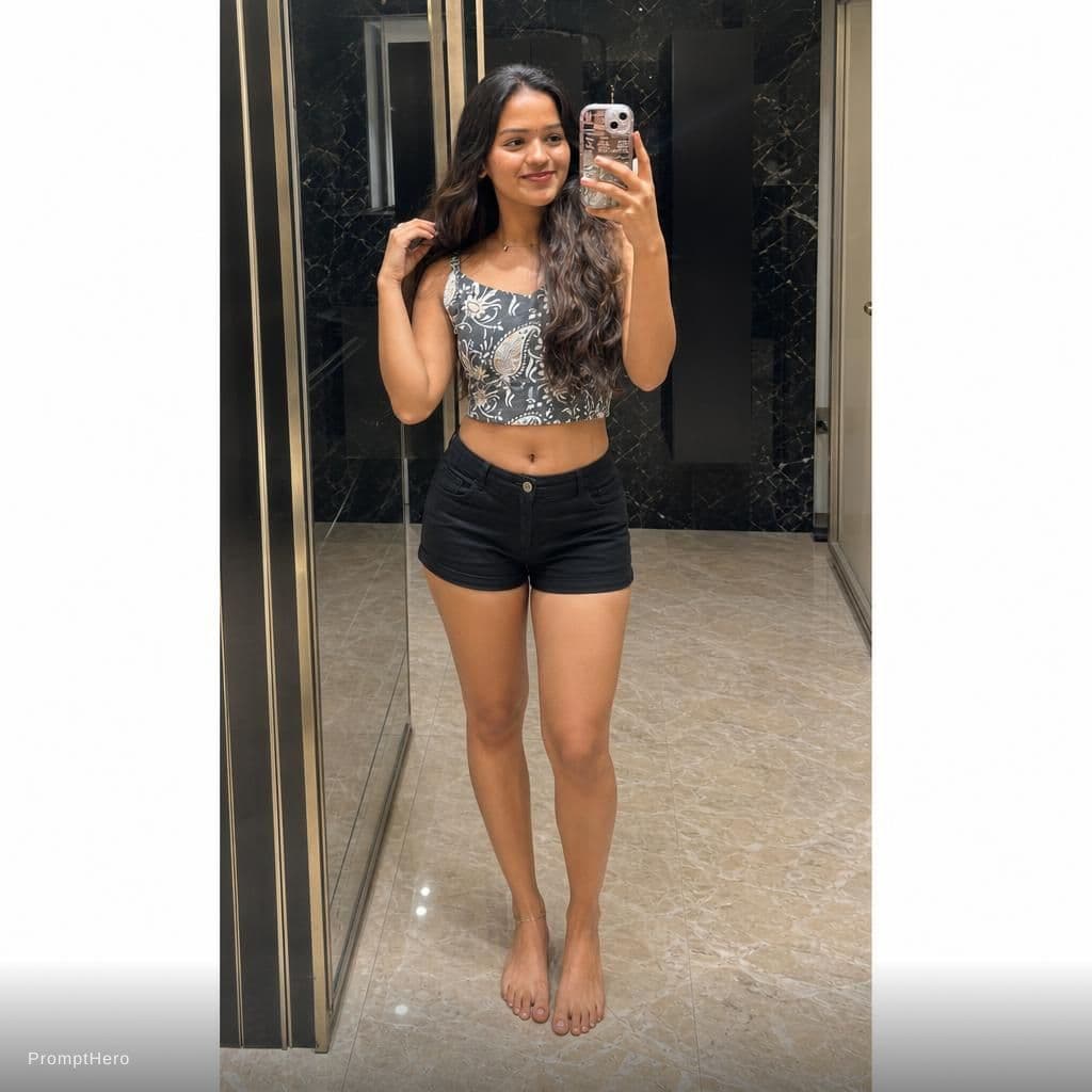 AI generated: make her in crop top and black shorts full image 