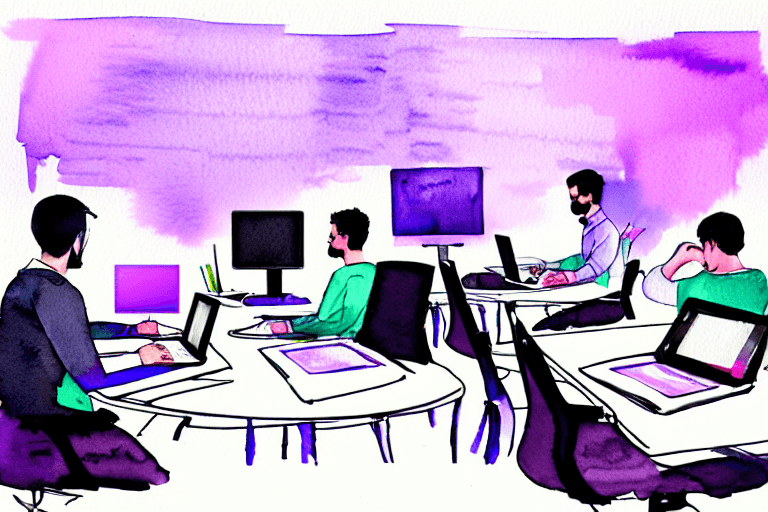 AI generated: startup office people working with laptops at desks, watercolor and pencil black and white and light...
