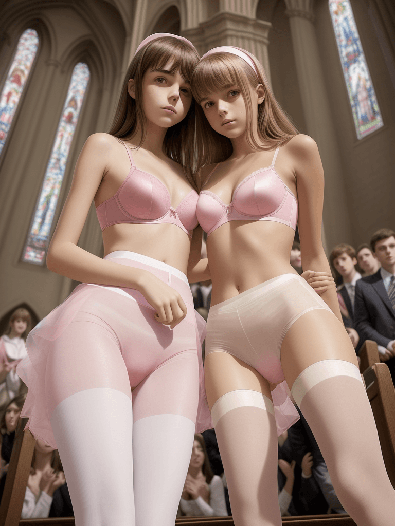 AI generated: 18 year old boy and girl standing together in a crowded church service wearing pink bra and white pa...