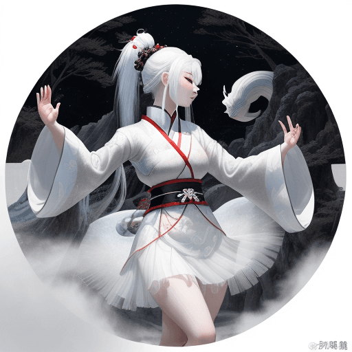 AI generated: a Chinese girl with white hair living in a cave, a celestial being, wears white skirt, has a headban...