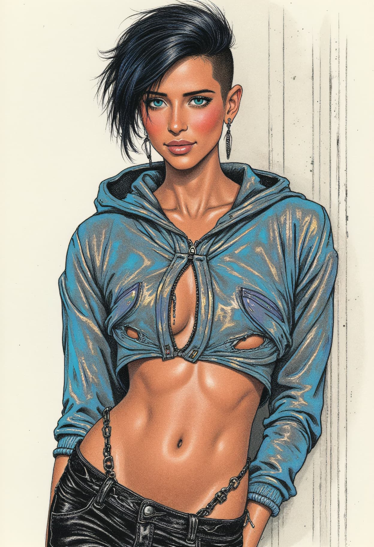AI generated: full body pencil, ink and paint drawing of a 24-year-old Chhattisgarhi-Mestizo female soulful singer...