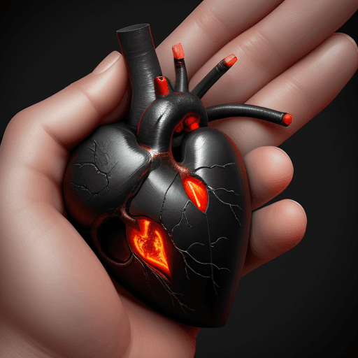 AI generated: anatomical human heart made from coal and ash with ember capillaries accents, anatomically correct h...