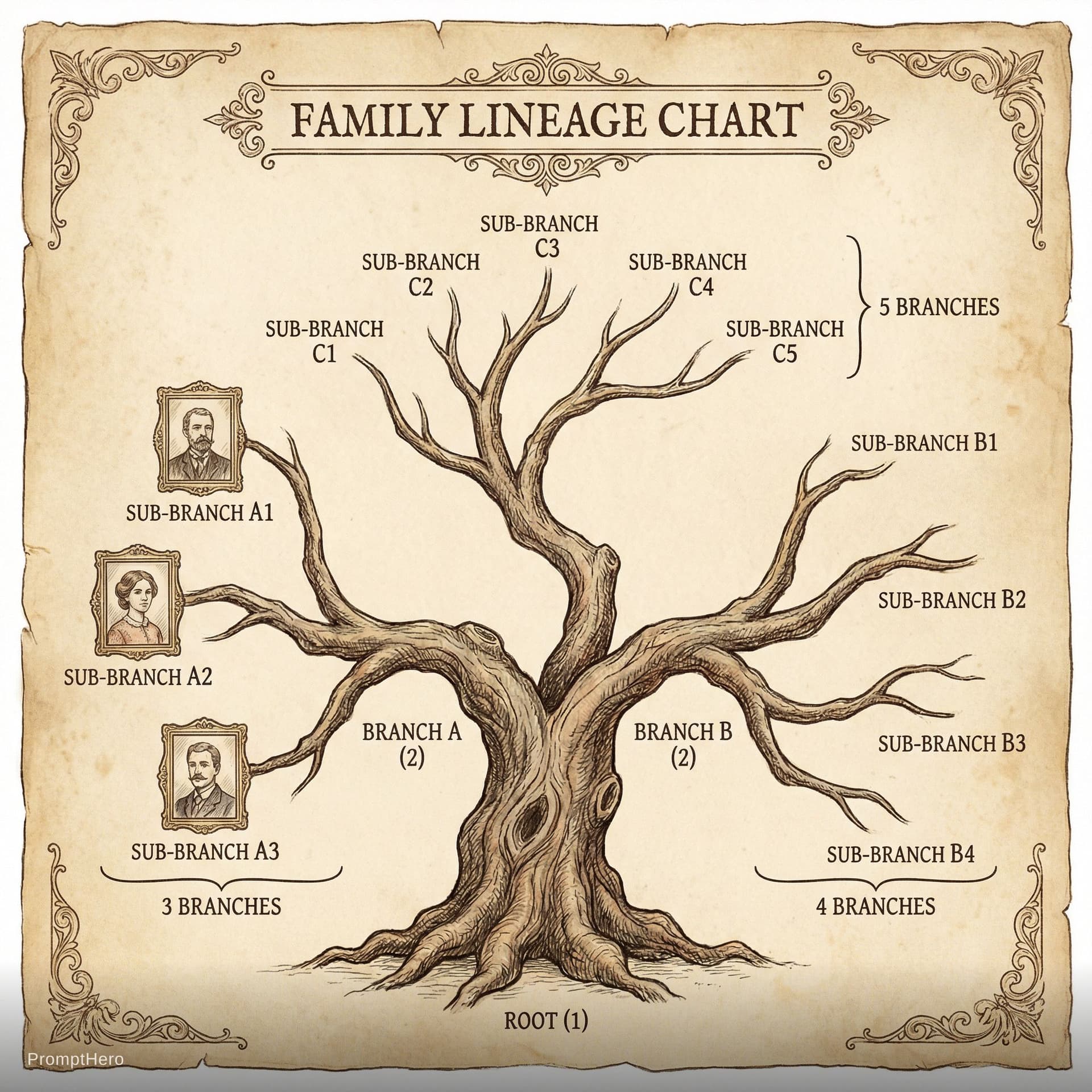 AI generated: Family tree chart Root 1, branches 2, one of branches got 3 branches,  one of branches got 4 branche...