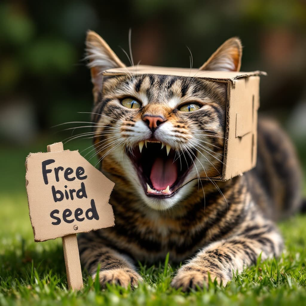 AI generated: Create a photorealistic image of a brown tabby cat resting his chin on his paws on a green lawn. He ...