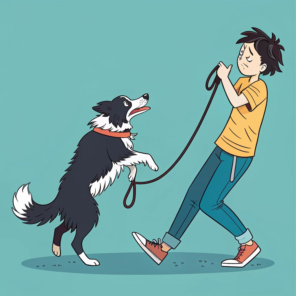 AI generated: Humorous flat vector illustration for a T-shirt. A confident Border Collie dog walking upright on tw...
