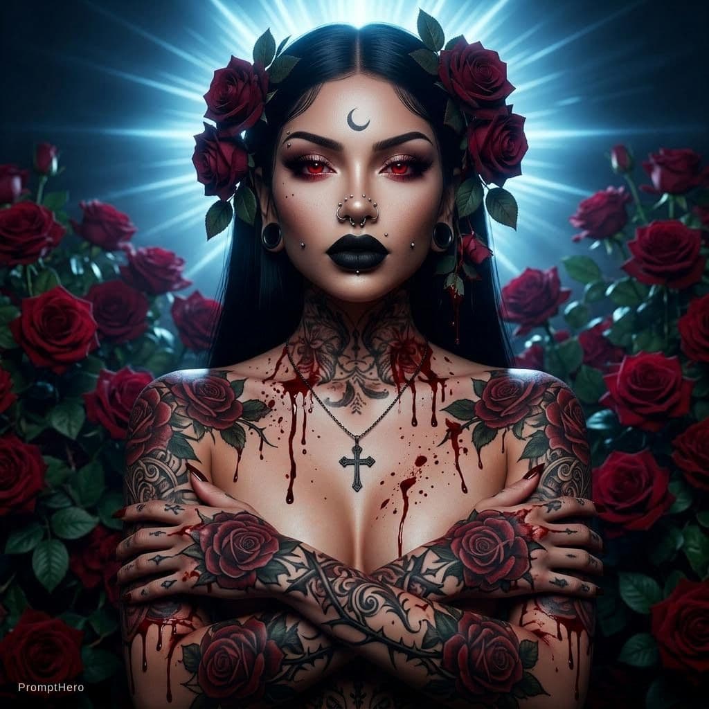 AI generated: A stunningly beautiful woman with dark hair adorned with red roses, glowing red eyes, and full black...