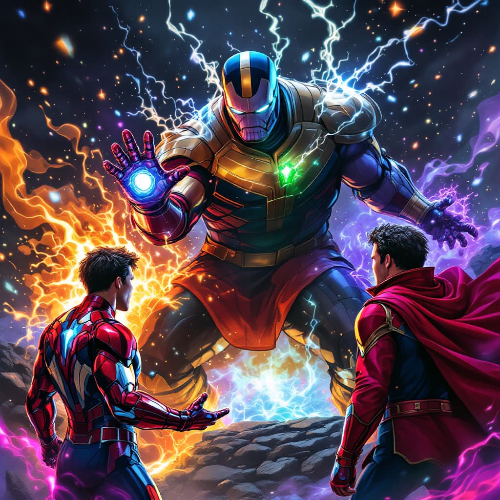 AI generated: {iron man + peter parker spiderman + doctor strange } facing Thanos with all six infinity stones in ...